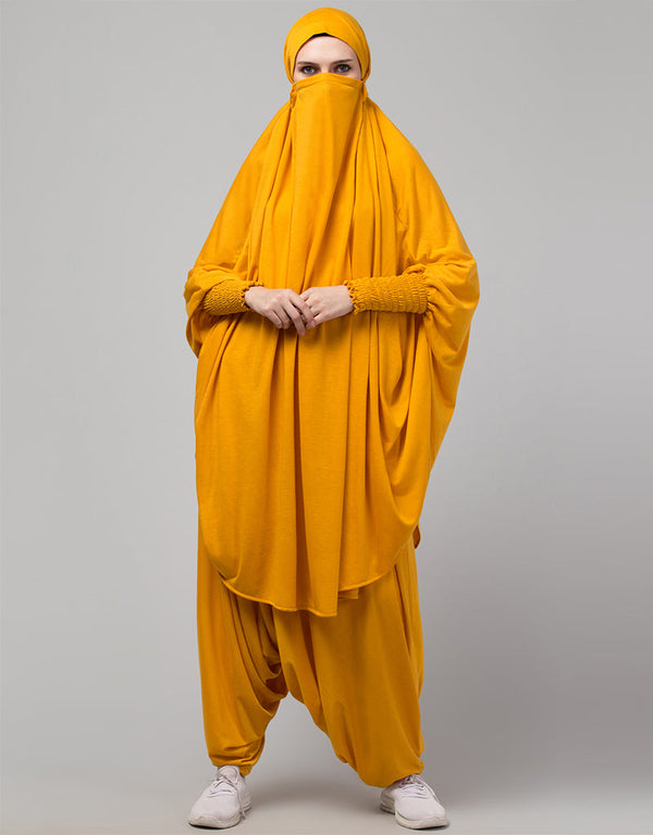 Islamic SMOKING AT SLEEVE JERSEY KHIMER WITH HAREM PANT IN MUSTURD Front View